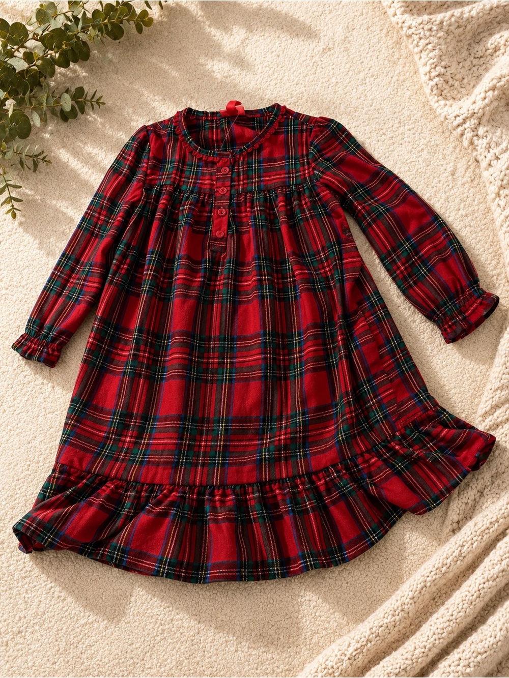 Girls Red Plaid Long-Sleeve Ruffle-Hem Nightgown
